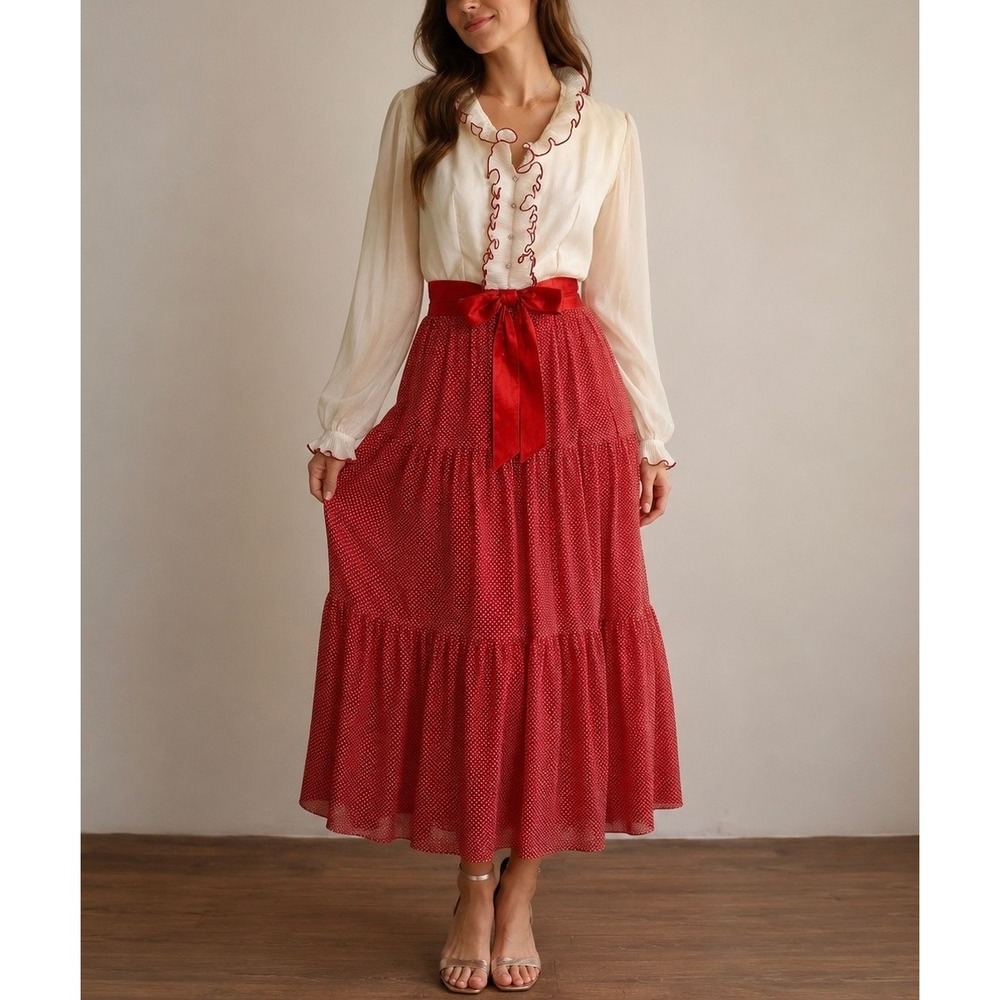 VINTAGE 1970s Prairie Maxi Dress Red Polka‎ Dot Sheer Ruffle Cottagecore